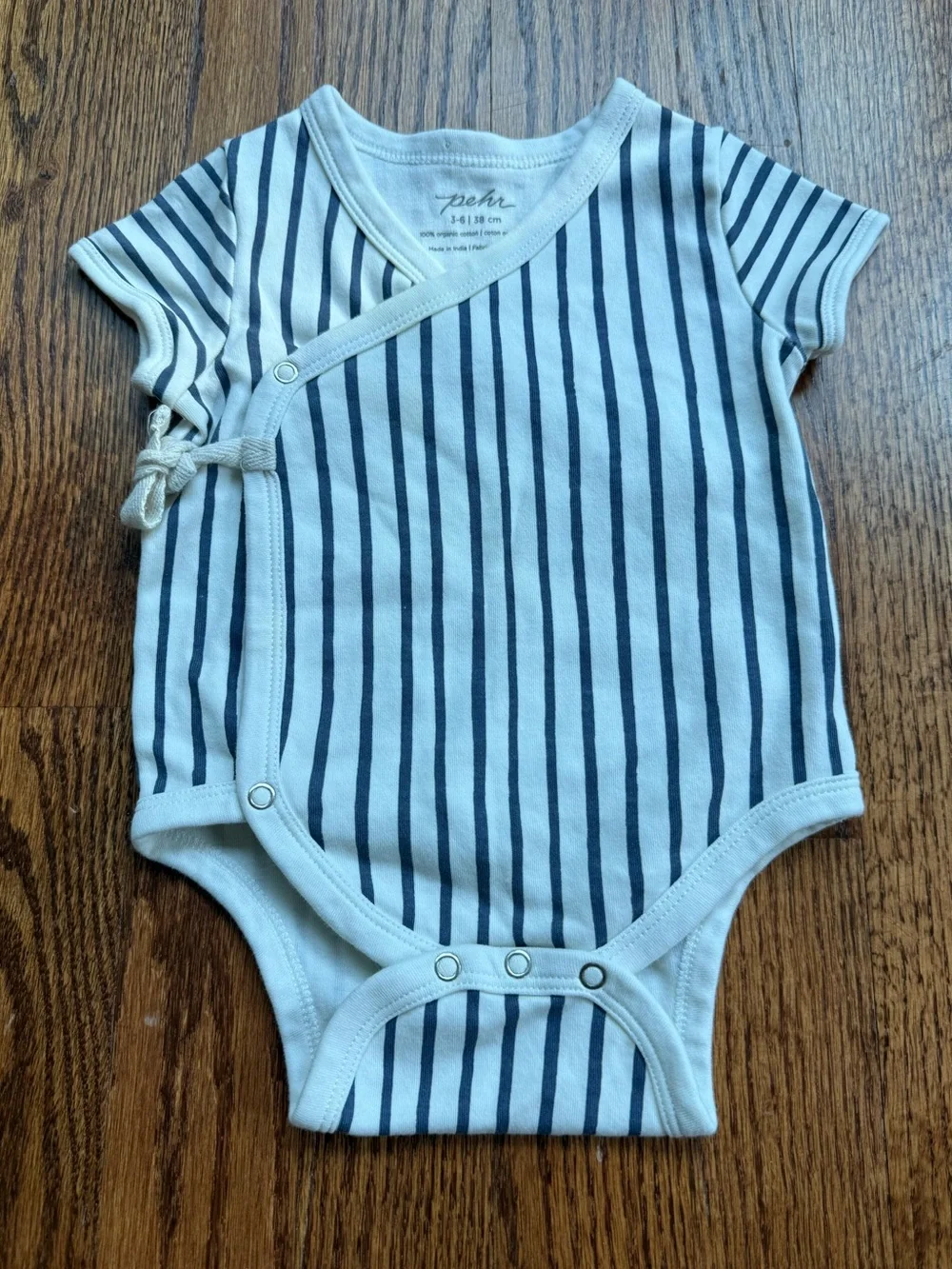 Pehr Organic Cotton Navy Stripe Wrap-Front Baby Onesie 3-6 Months
